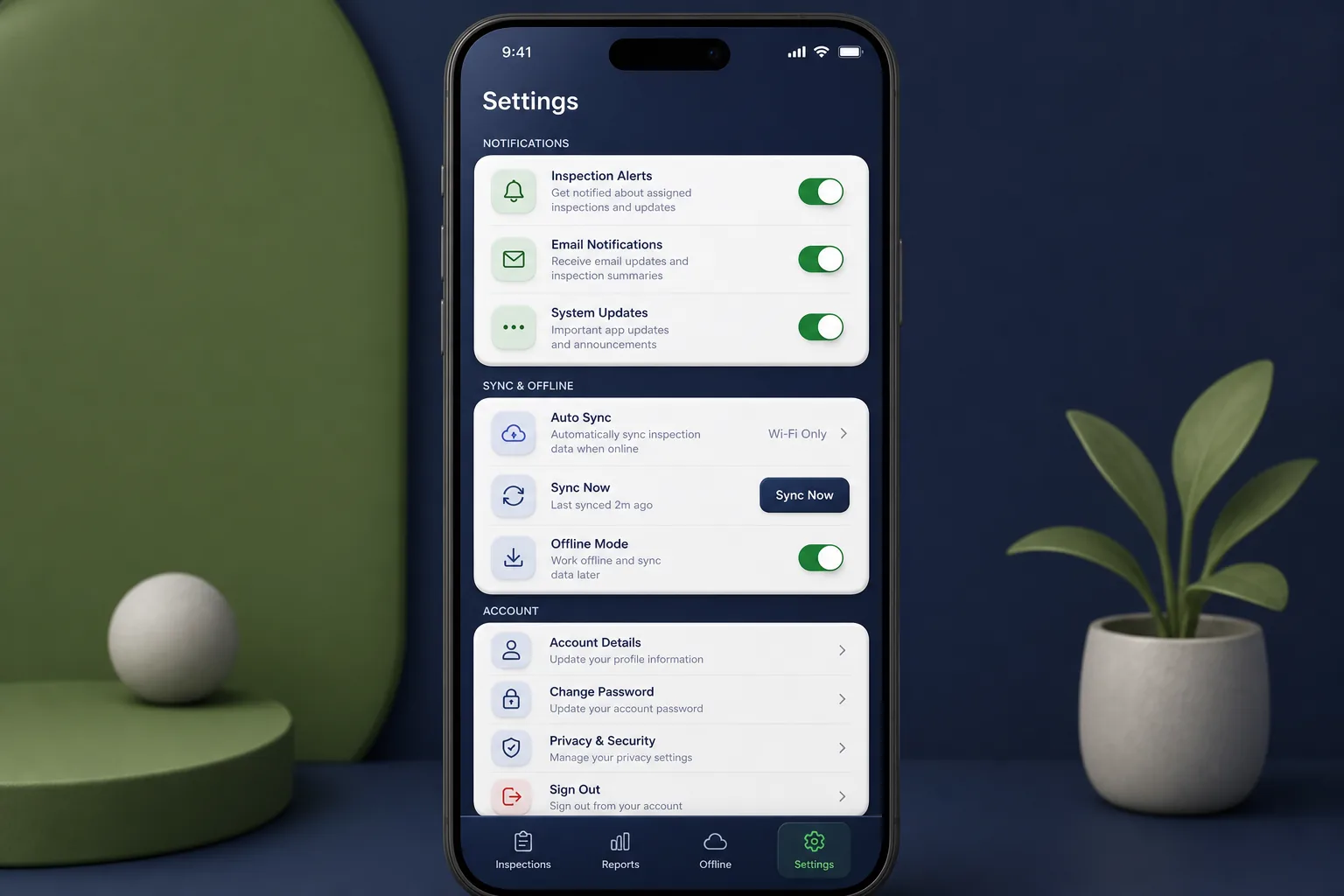 SiteCheck Inspection App — settings and configuration