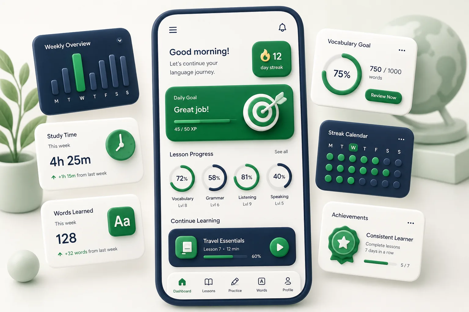 LinguaSpark Language App — dashboard overview