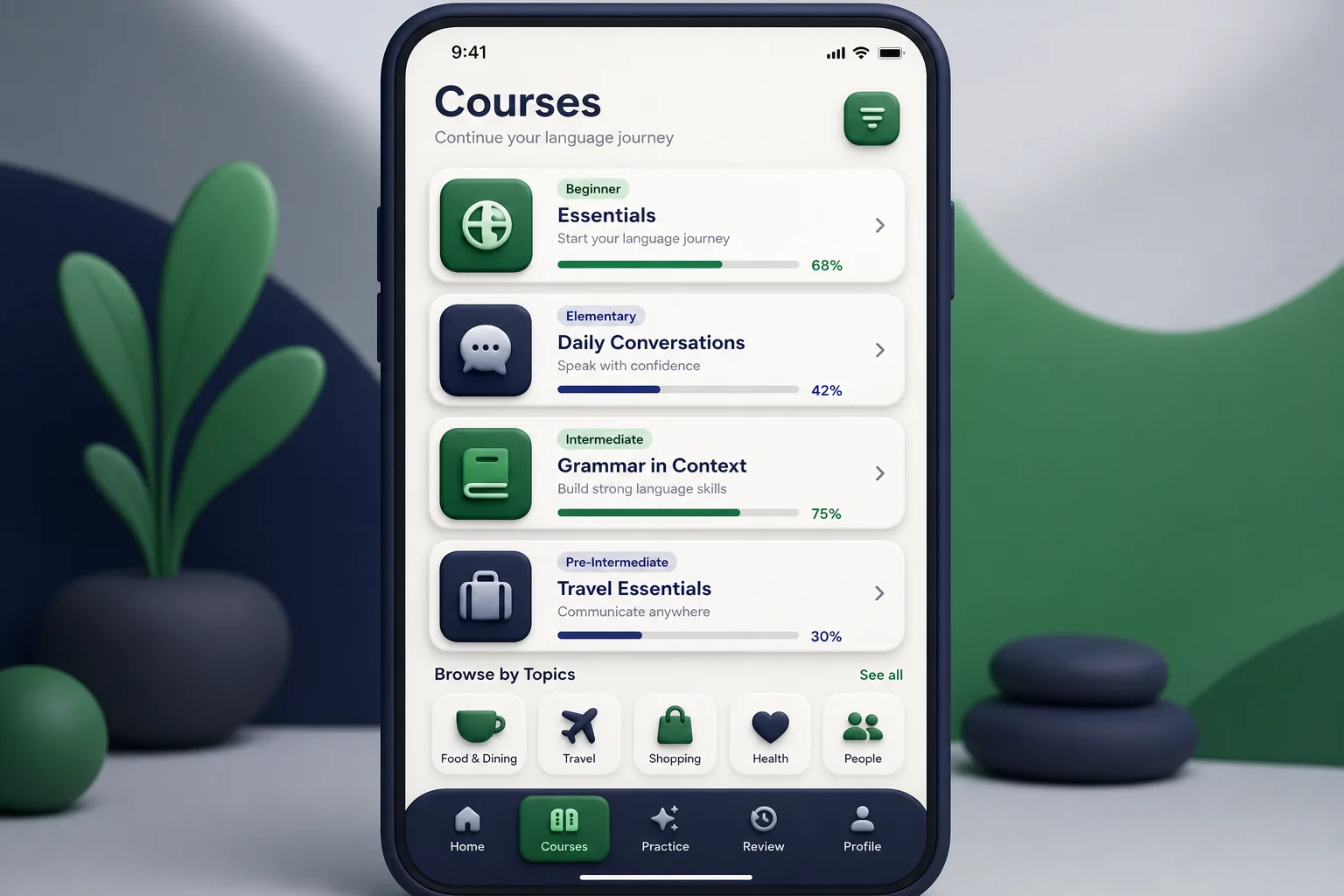 LinguaSpark Language App — browse and list view