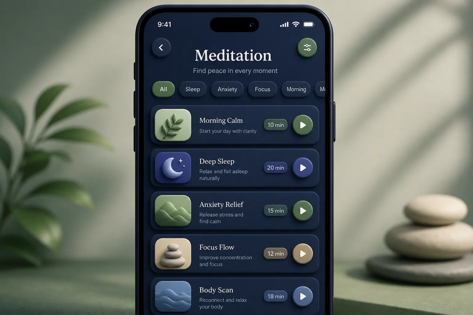 CalmNest Meditation — browse and list view