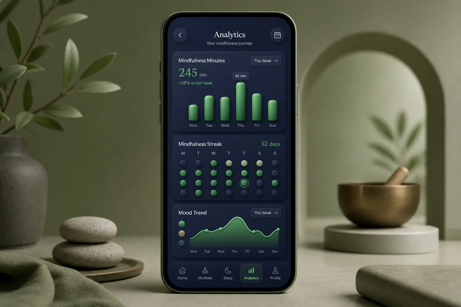 CalmNest Meditation — analytics and reporting
