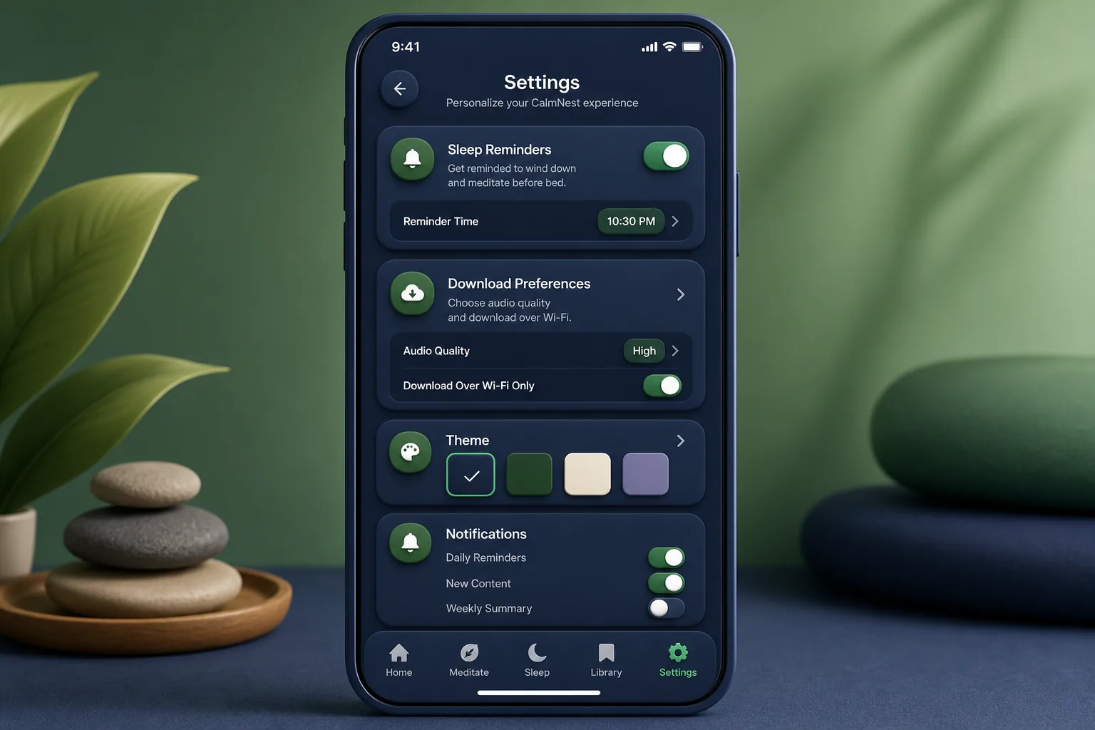 CalmNest Meditation — settings and configuration