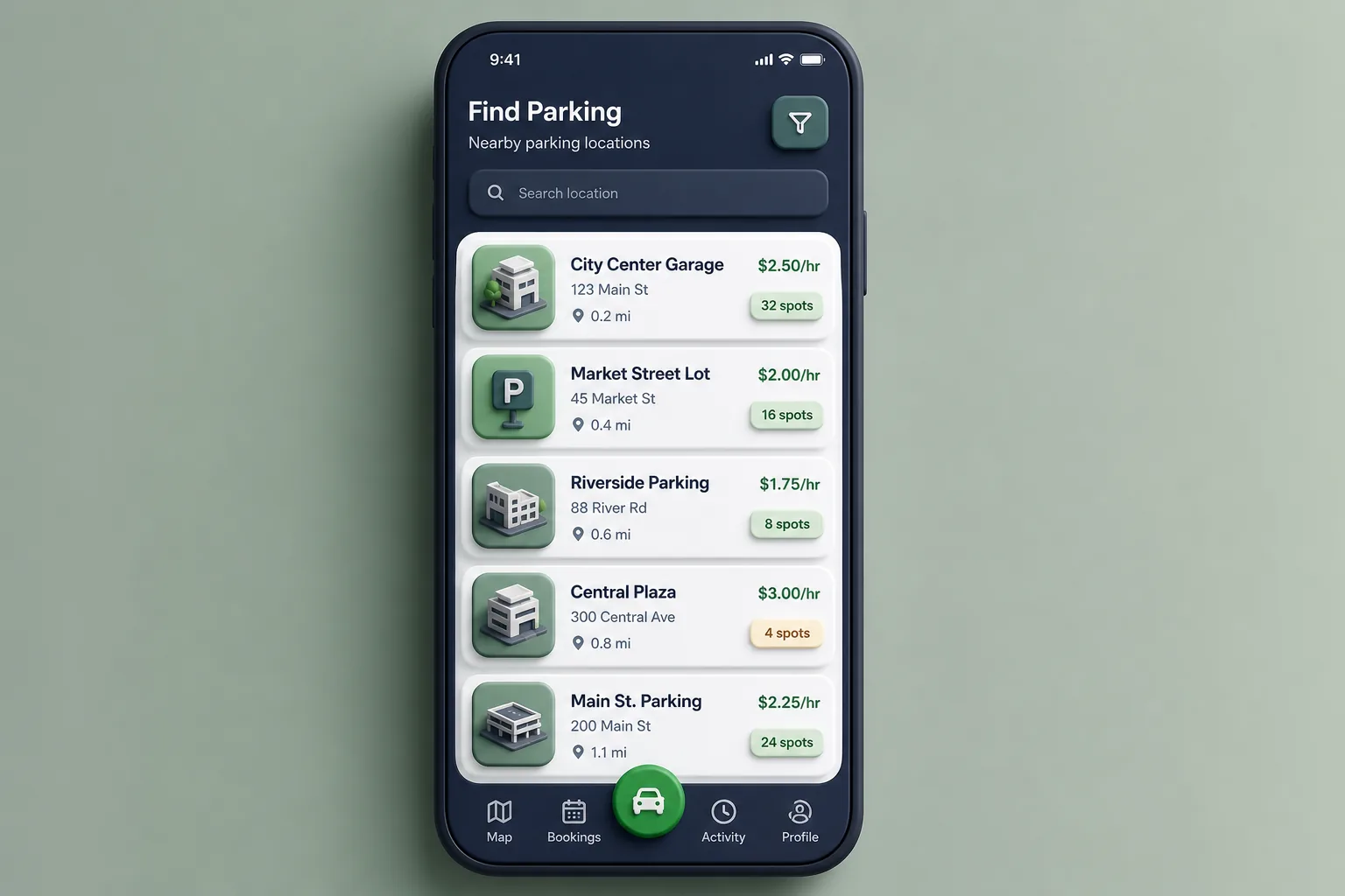 ParkPal Smart Parking — browse and list view