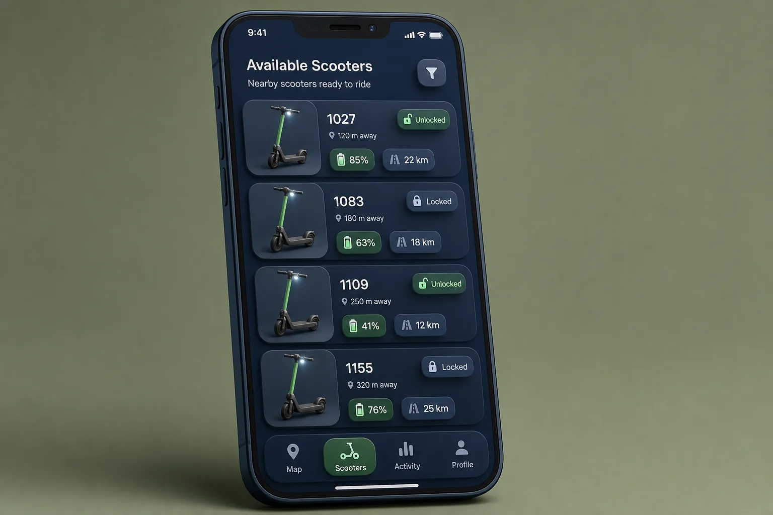 GlideGo E-Scooter Sharing — browse and list view