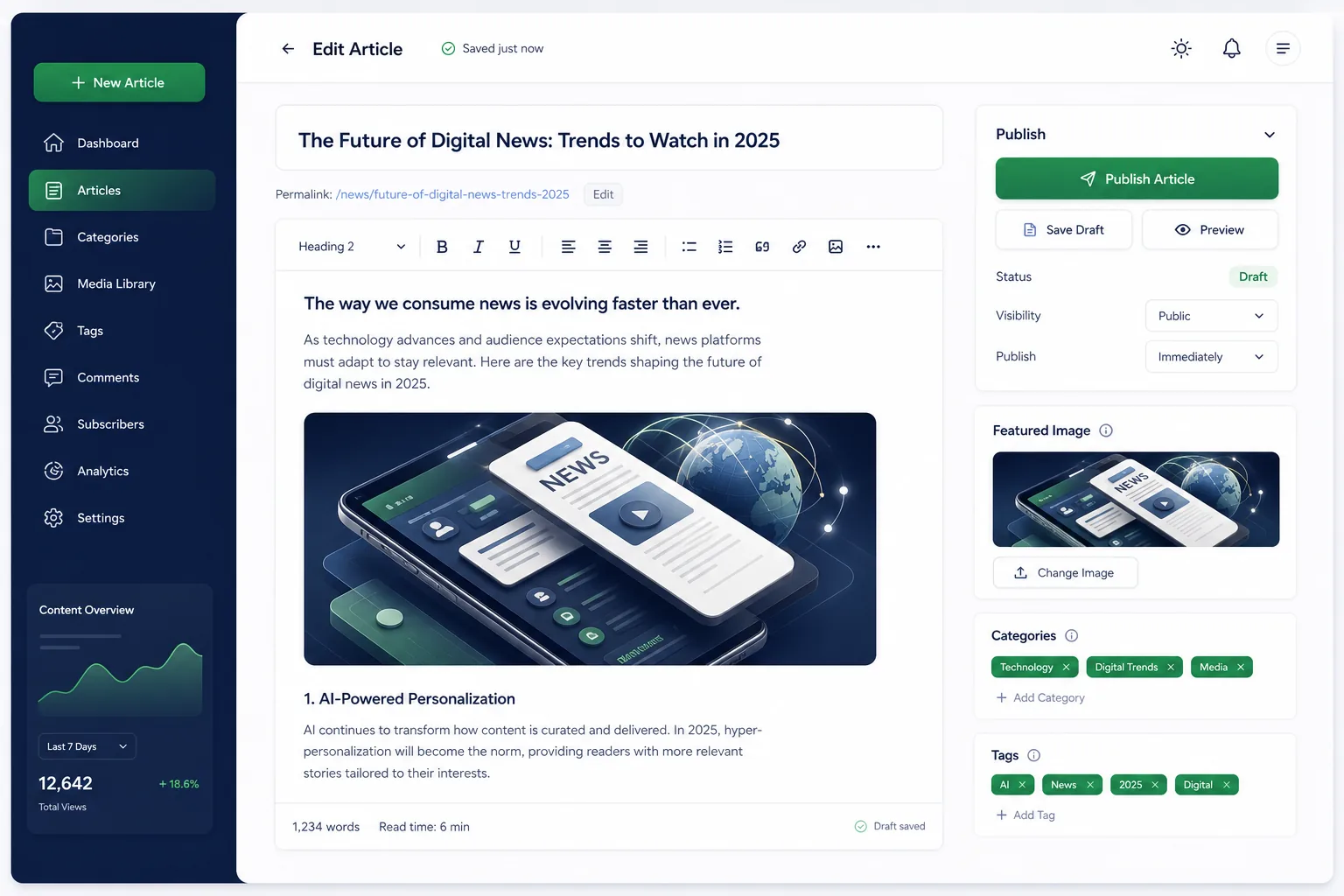 PulseNews CMS — core workflow screen