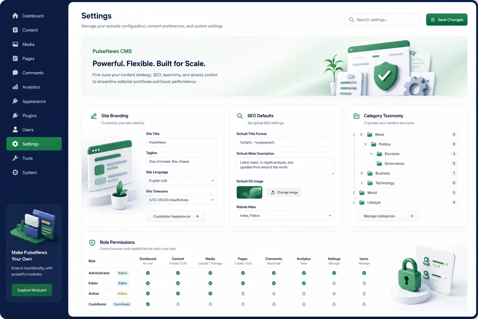 PulseNews CMS — settings and configuration