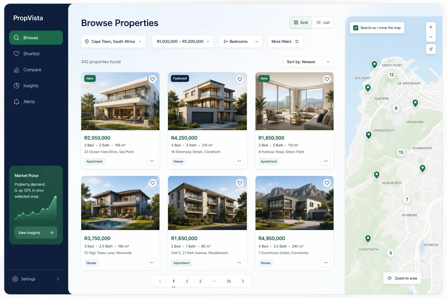 PropVista Real Estate Portal — browse and list view
