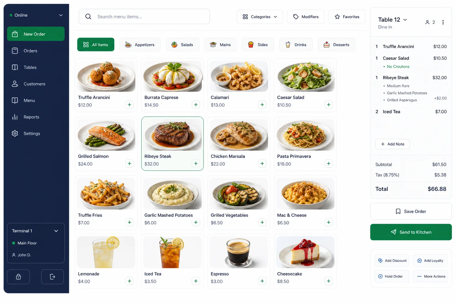 PlateOS Restaurant POS — core workflow screen