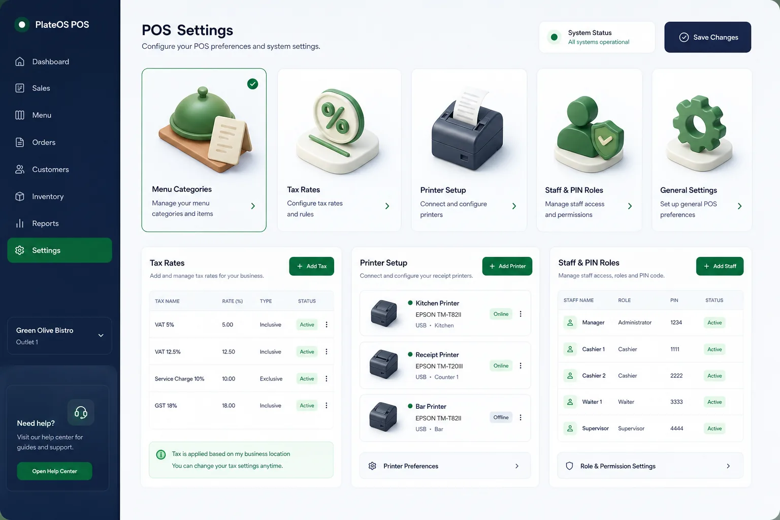 PlateOS Restaurant POS — settings and configuration