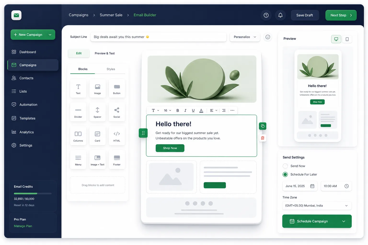 MailGlide Email Marketing — core workflow screen