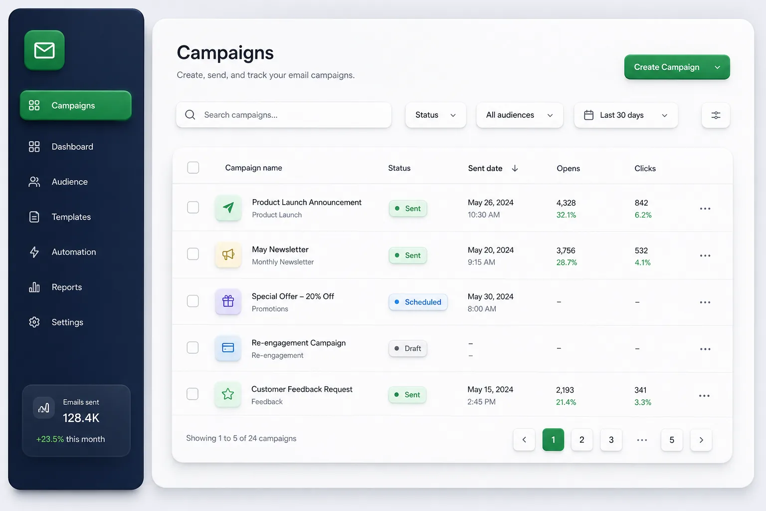 MailGlide Email Marketing — browse and list view