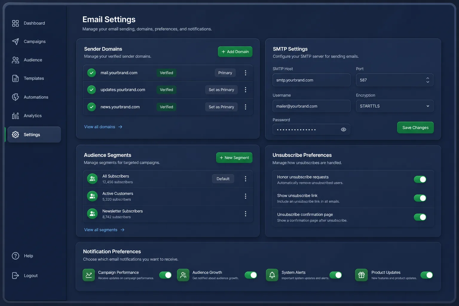 MailGlide Email Marketing — settings and configuration