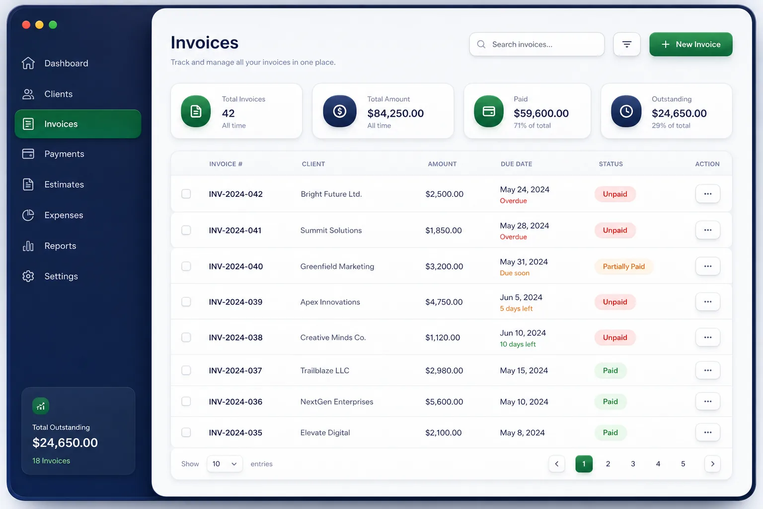 InvoiceFly Billing SaaS — browse and list view