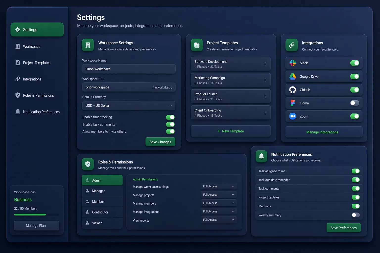 TaskOrbit Project Management — settings and configuration