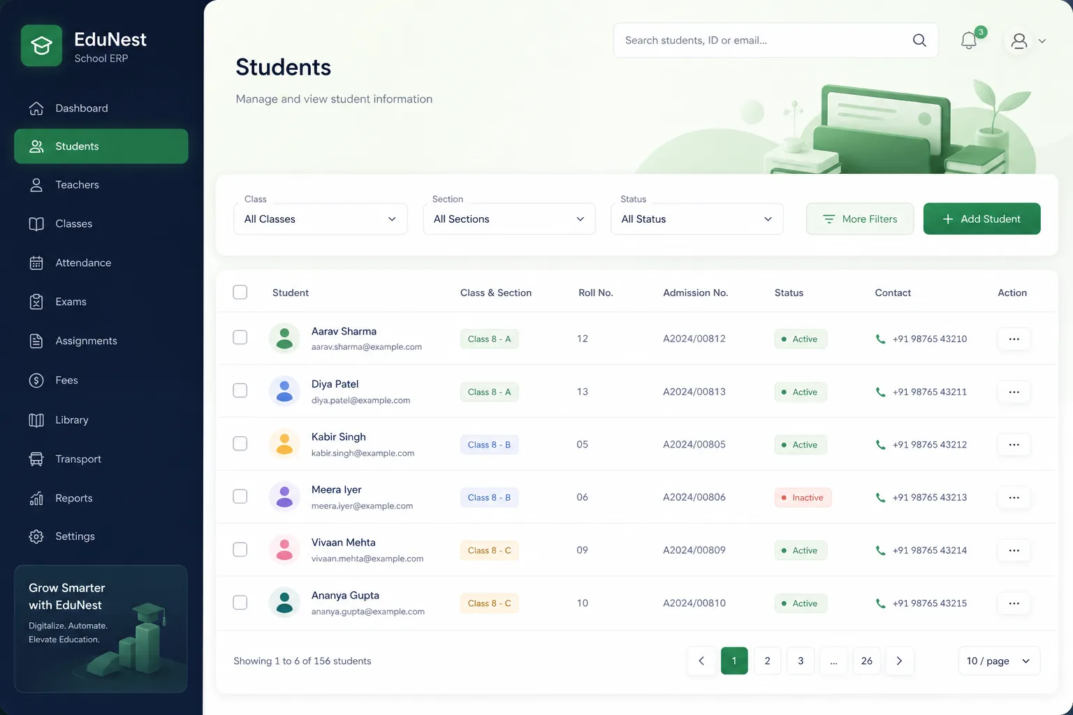 EduNest School ERP — browse and list view