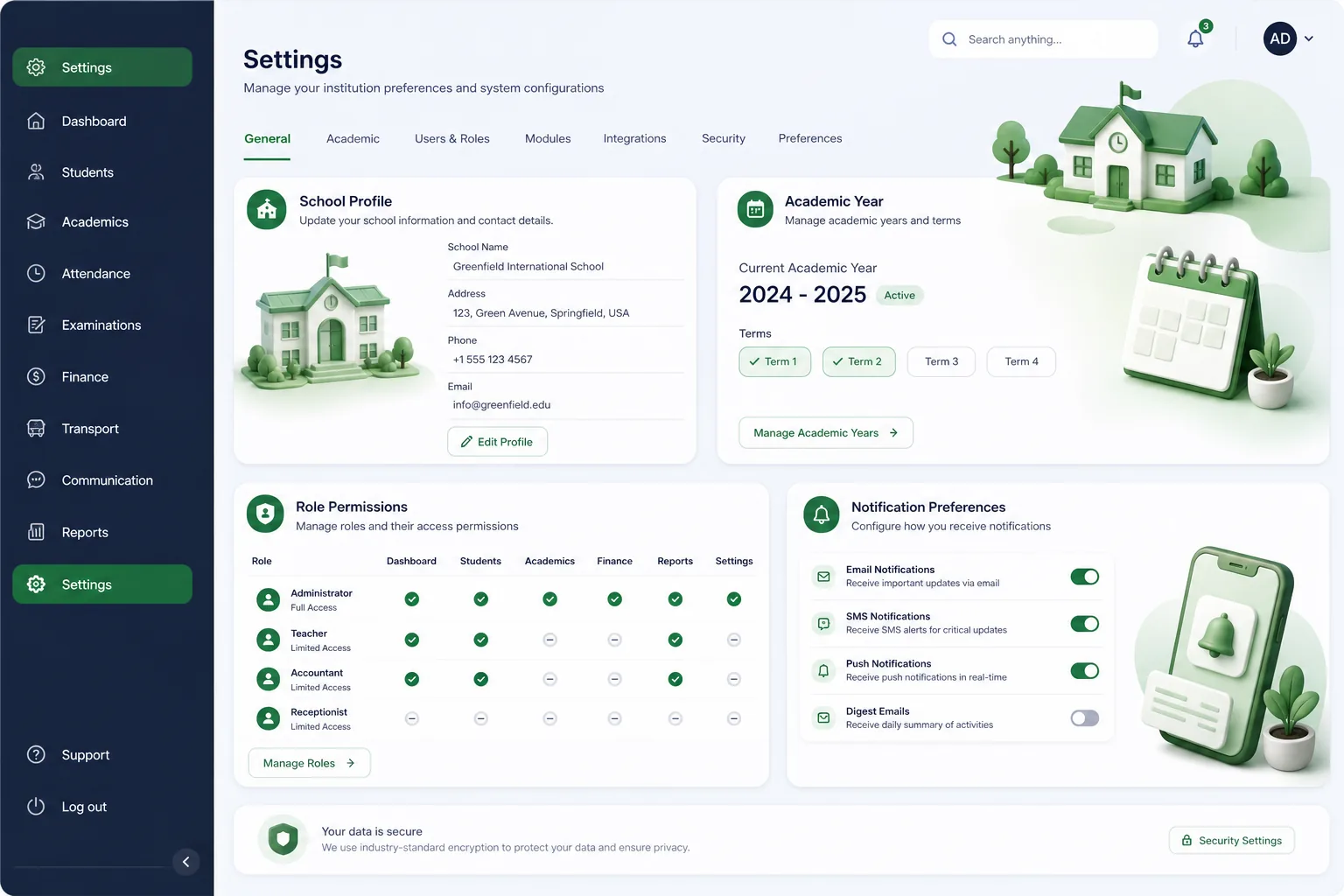 EduNest School ERP — settings and configuration