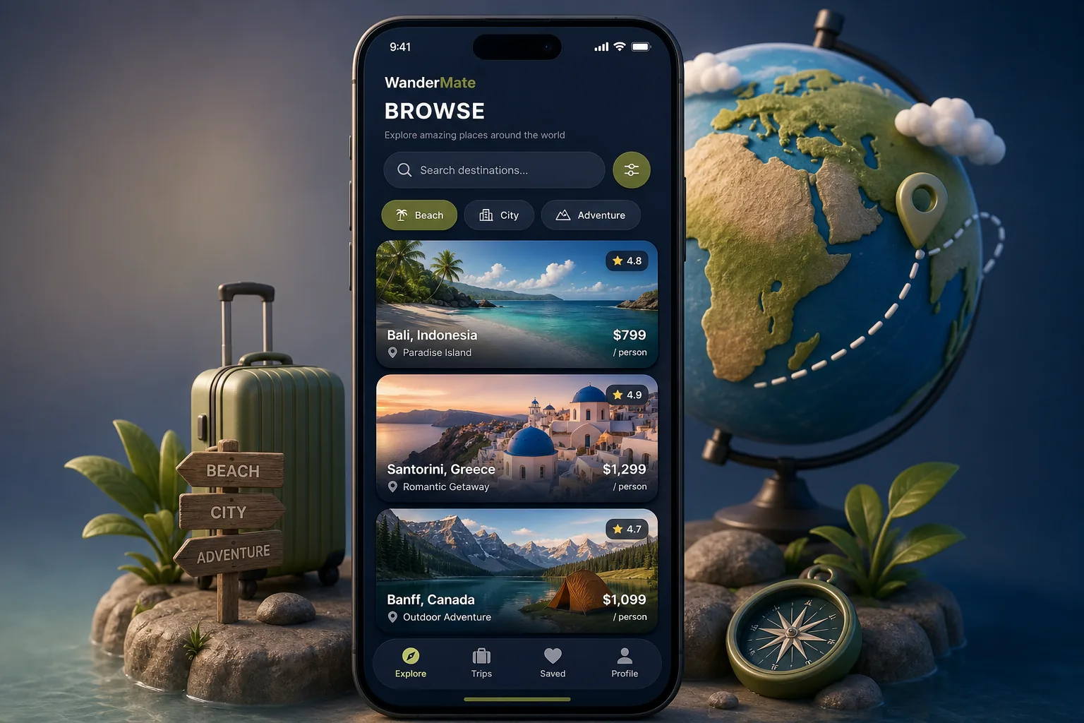 WanderMate Travel Planner — browse and list view