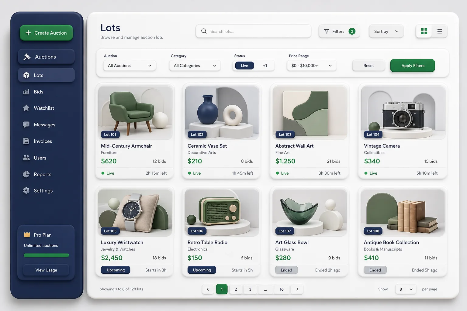 BidNest Online Auctions — browse and list view