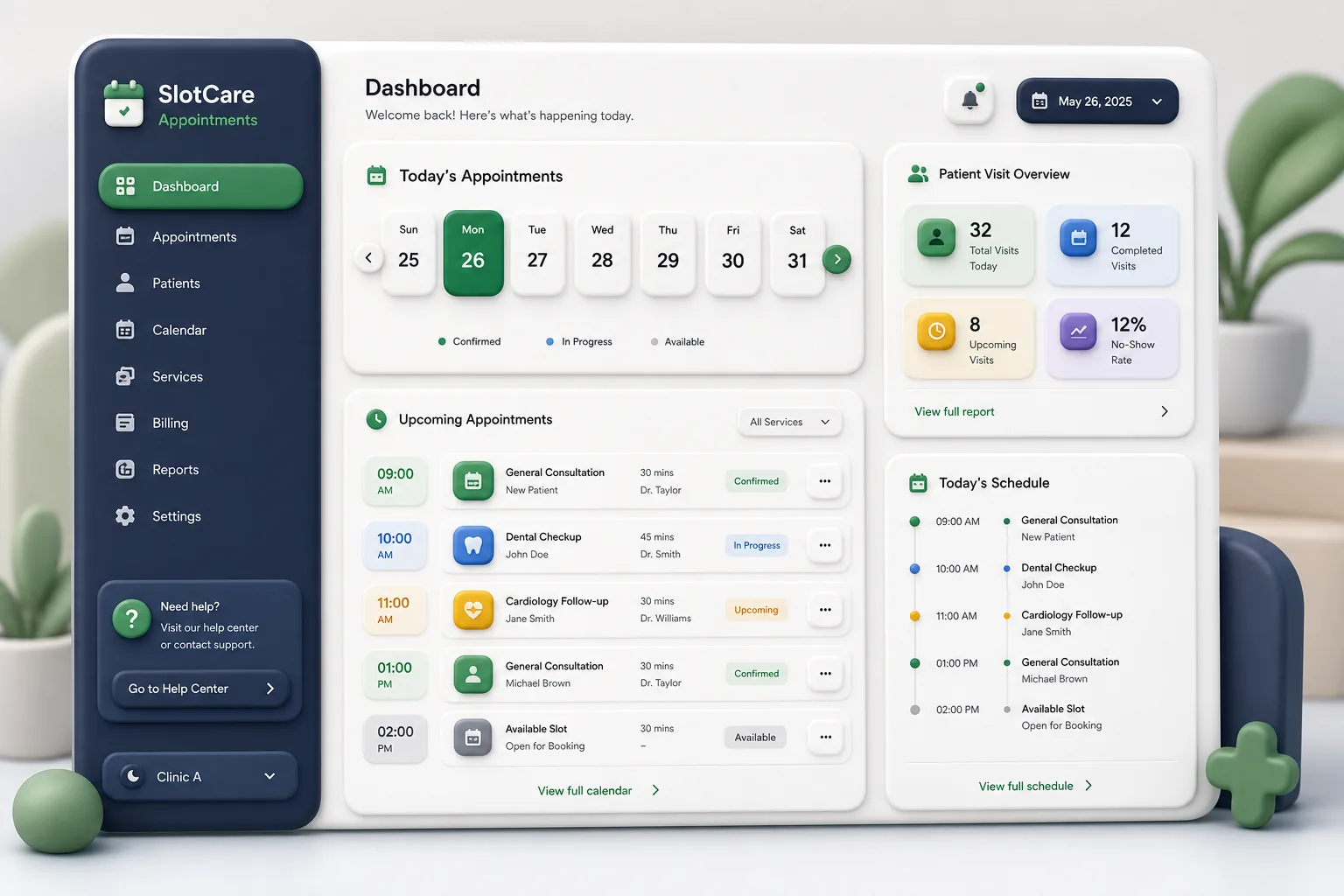 SlotCare Appointment Portal — dashboard overview