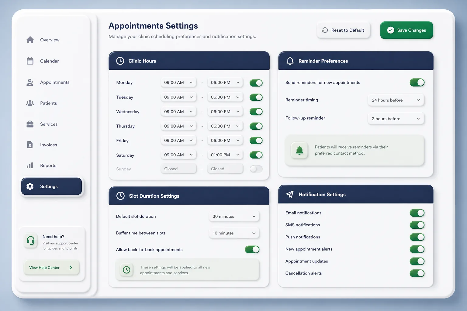SlotCare Appointment Portal — settings and configuration