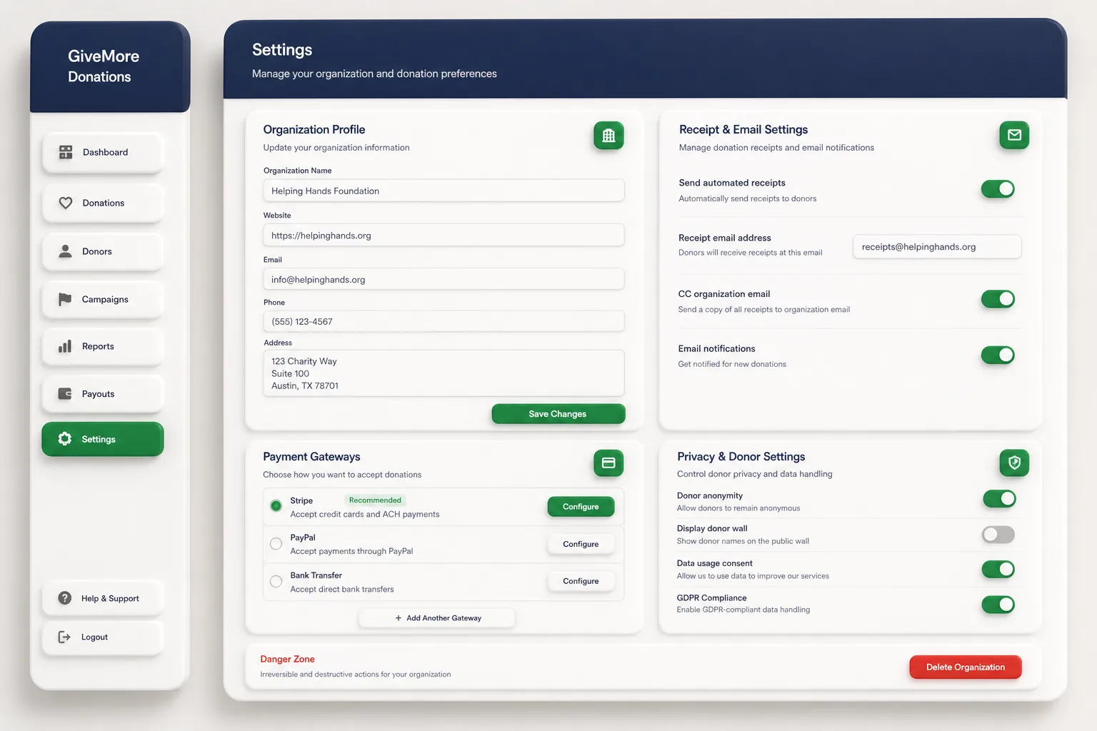 GiveMore Donation Platform — settings and configuration