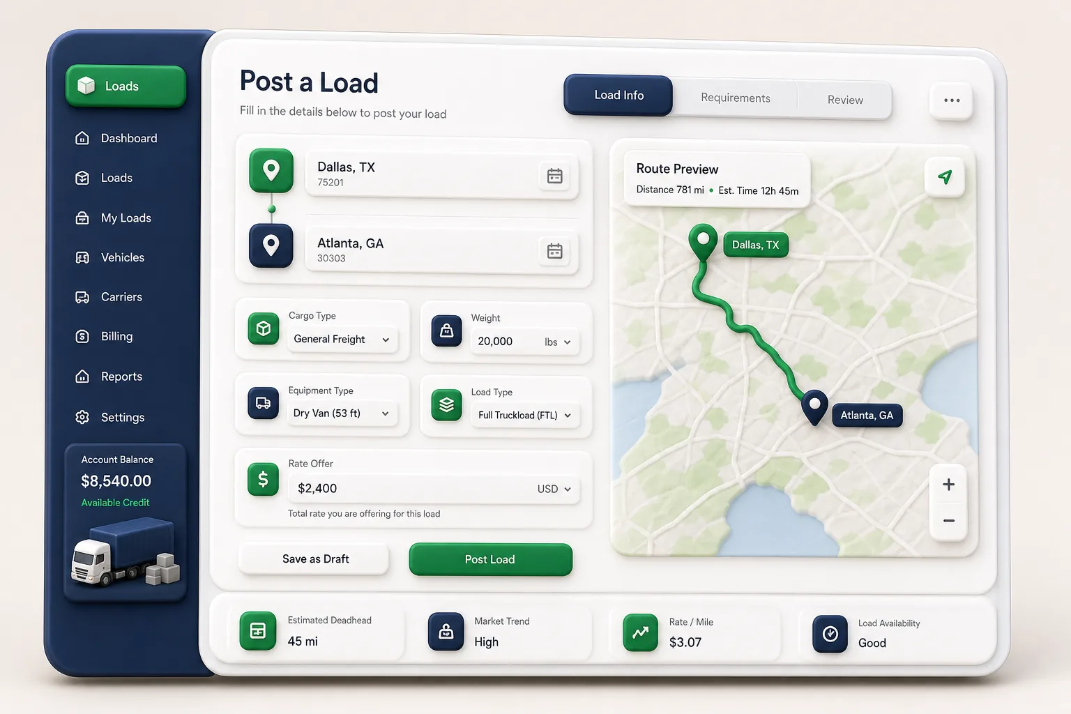 CargoLink Freight Marketplace — core workflow screen