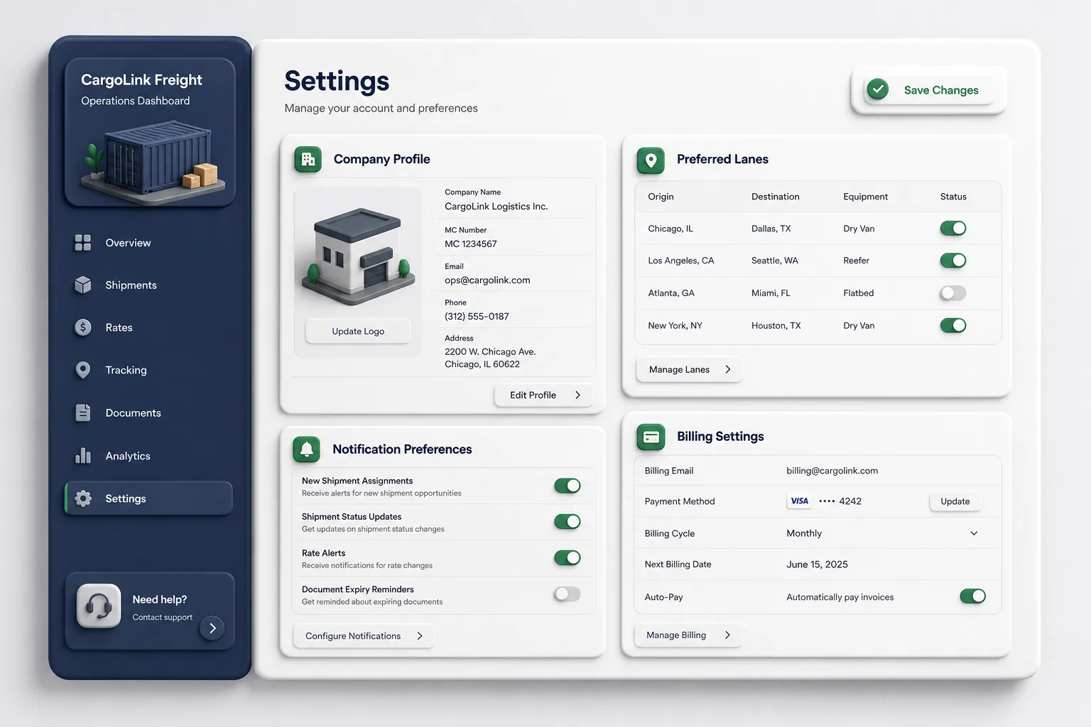 CargoLink Freight Marketplace — settings and configuration