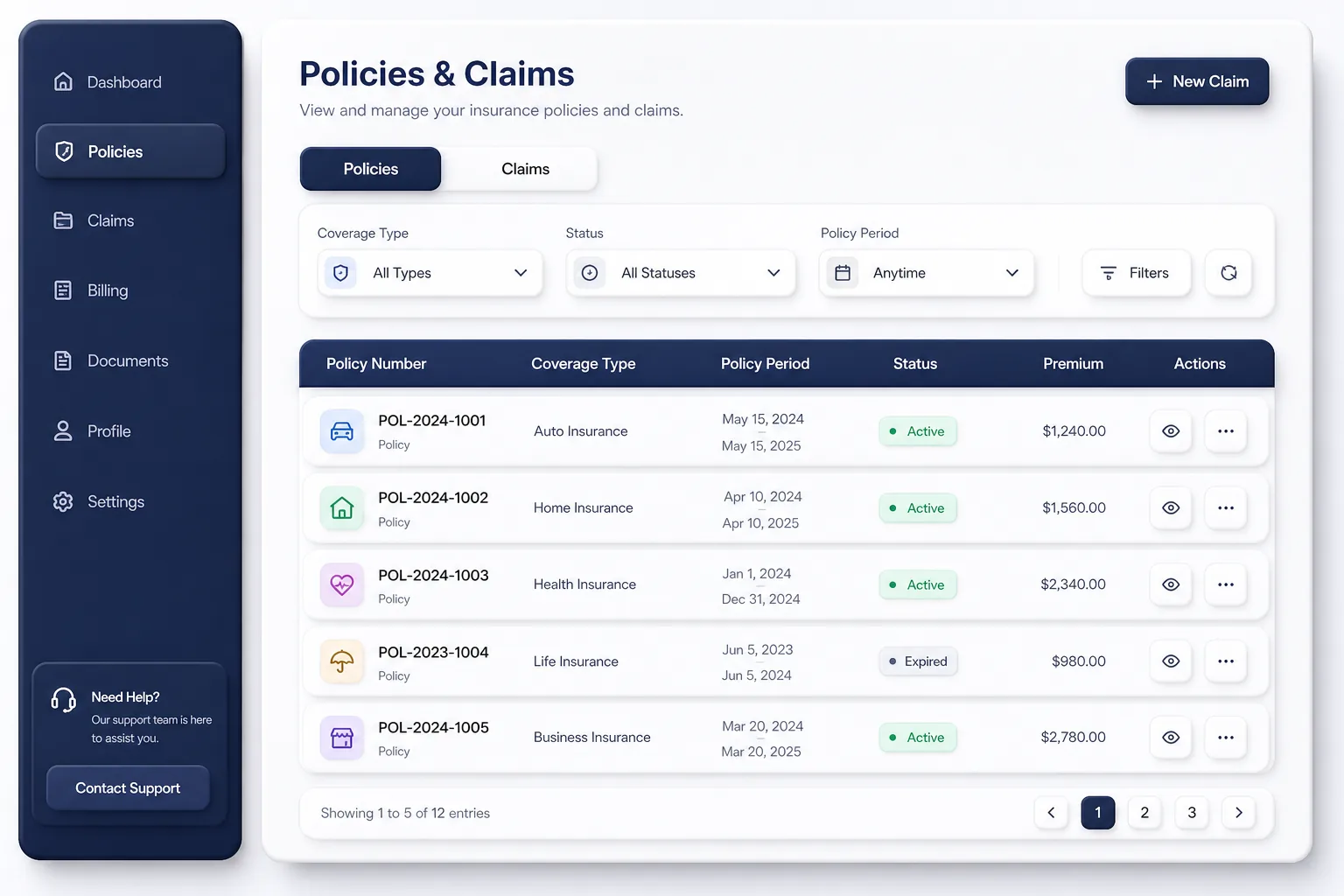AssureHub Insurance Portal — browse and list view