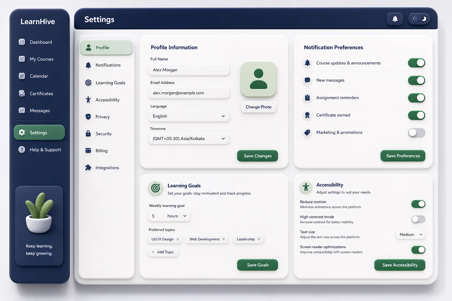 LearnHive LMS — settings and configuration