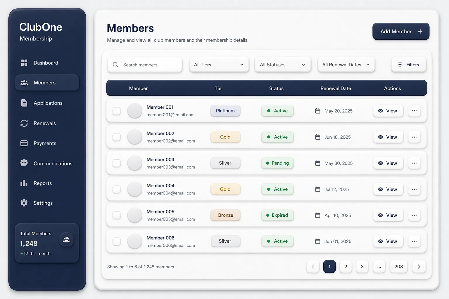 ClubOne Membership Portal — browse and list view