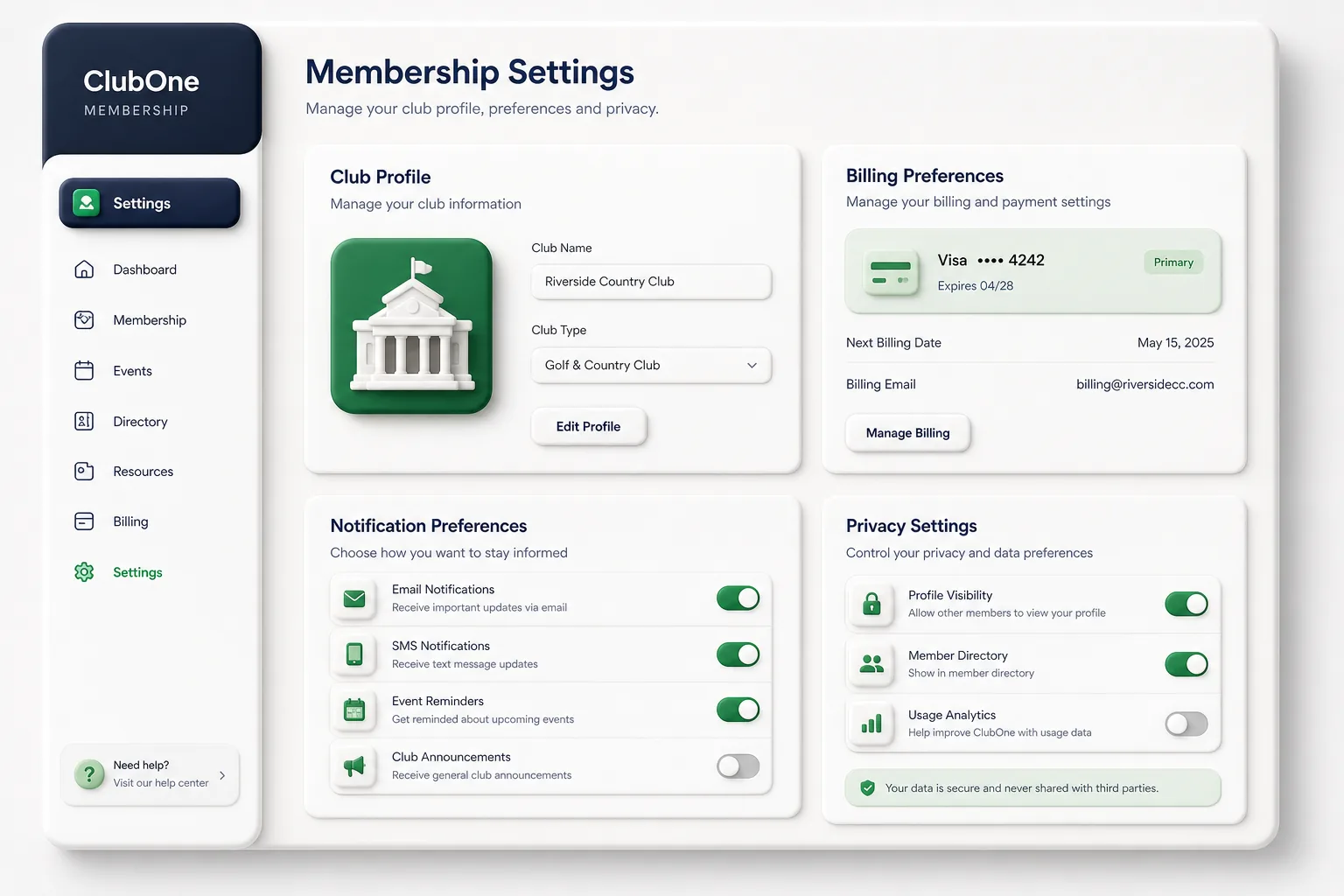 ClubOne Membership Portal — settings and configuration