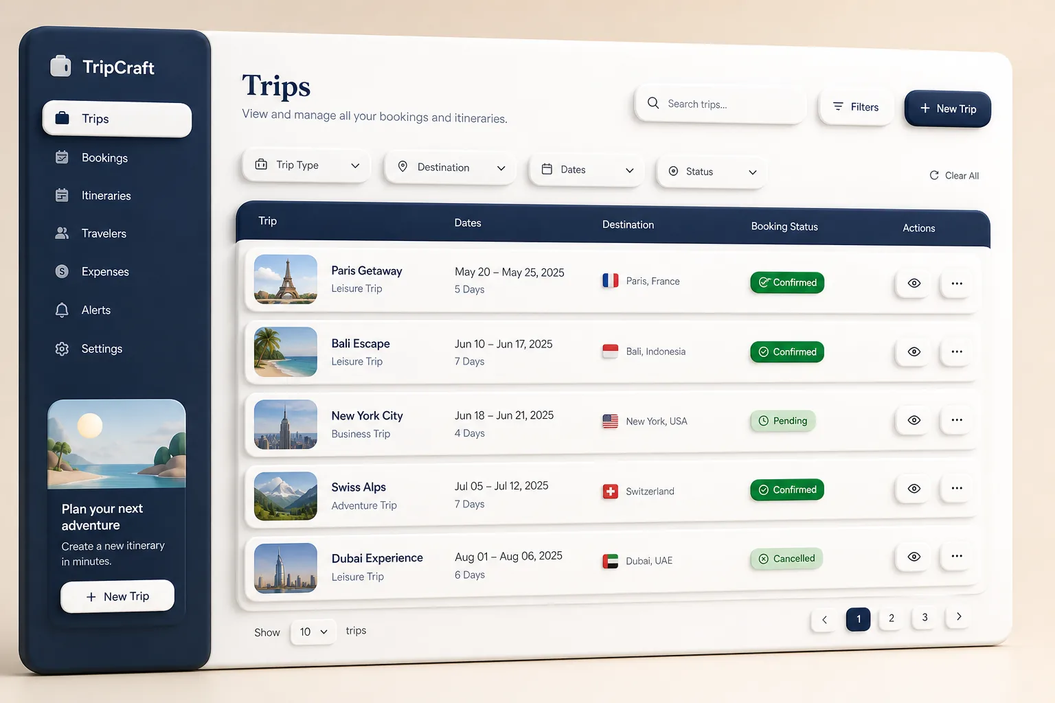TripCraft Travel Booking — browse and list view