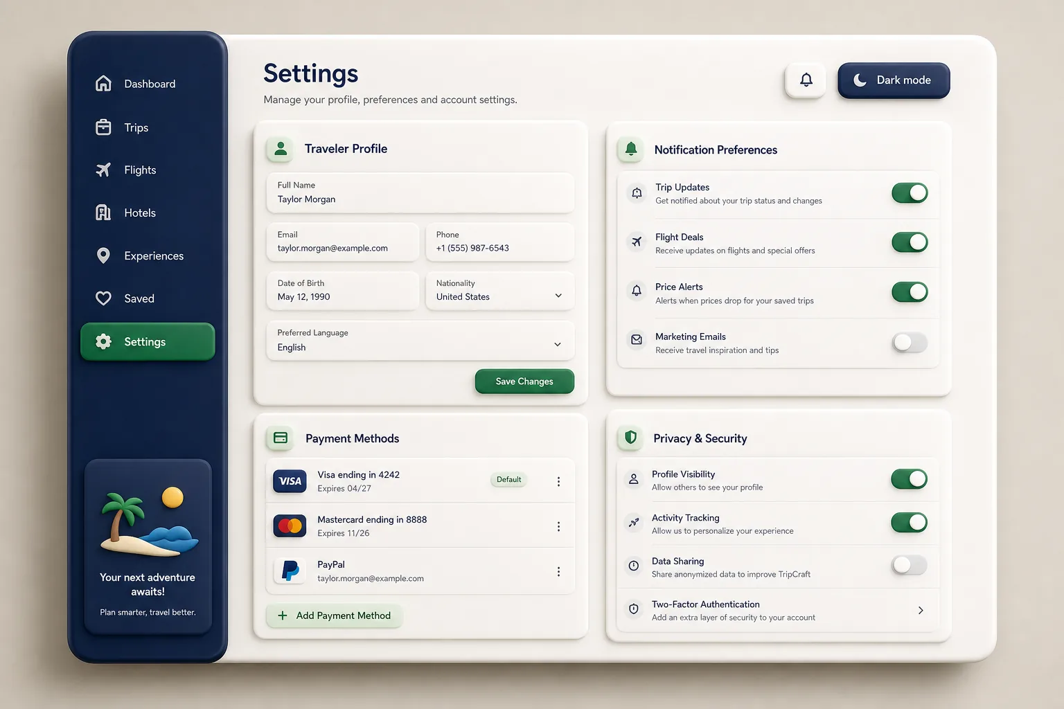 TripCraft Travel Booking — settings and configuration
