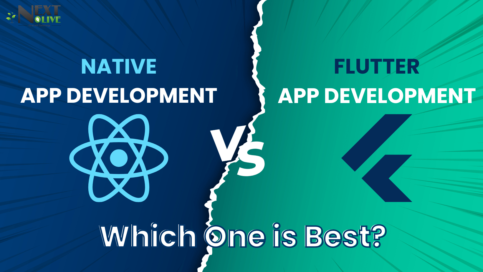 Comparison image showcasing React Native vs Flutter app development, highlighting their differences with icons and vibrant blue-green split background, emphasizing the question 'Which One is Best?