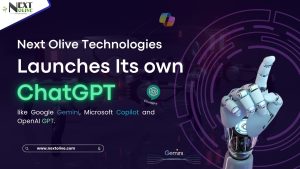 Promotional image showcasing Next Olive Technologies launching its own AI chatbot similar to ChatGPT, Google Gemini, and Microsoft Copilot, featuring a futuristic robotic hand and a digital interface in a dark tech-themed background.