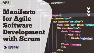 Agile Manifesto for Software Development with Scrum - A digital image featuring the title of the Agile Manifesto with Scrum, along with a blurred background of code snippets.