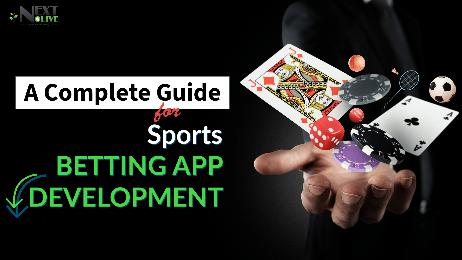 A hand holding playing cards, dice, and sports balls, symbolizing the development of a sports betting app. The text "A Complete Guide for Sports Betting App Development" is displayed in large font.