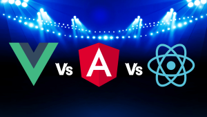A visual comparison of three popular front-end JavaScript frameworks: Vue.js, Angular.js, and React.js. The image features the logos of each framework with "vs" between them, suggesting a comparison or competition.