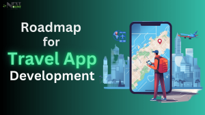 Roadmap for travel app development illustration featuring a person with a backpack using a smartphone in front of a large mobile device displaying a map, with cityscape and airplane in the background.