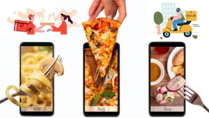 Three smartphones displaying food images on their screens: pasta with mushrooms on a fork, a slice of pizza being lifted, and a fork with a slice of radish over a plate of soup, bread, and salad. Each phone screen has the word 'Buy' at the bottom. Above the phones, there are two illustrations: one of a delivery person handing a package to a customer, and another of a delivery person riding a scooter with a delivery box on the back, representing food delivery app development.