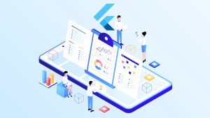 Illustration of Flutter app development showing developers working on charts and graphs on a large mobile device screen, representing data visualization and app interface design and also in Backend.