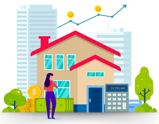 A vibrant illustration featuring a woman standing in front of a house with a red roof, surrounded by urban skyscrapers. The scene includes green trees, a calculator displaying '$1,223,400,' gold coins, and stacks of cash. Arrows and graphs in the background represent rising property or financial trends.