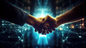Two hands shaking in a handshake, symbolizing partnership, collaboration, and connection. The background features a network of interconnected lines and nodes, representing digital technology and connectivity.