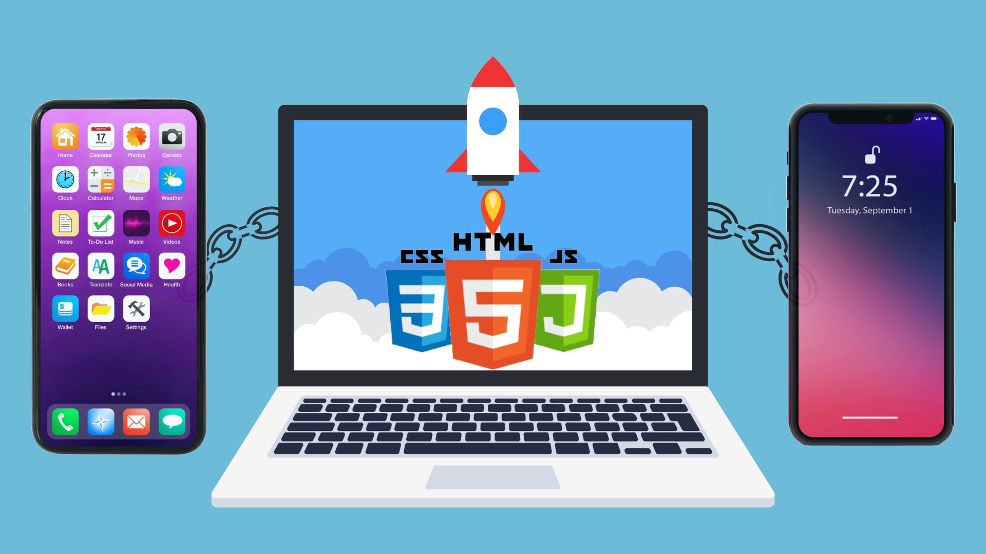 A laptop with a rocket launching from HTML, CSS, and JS icons, flanked by two smartphones, symbolizing hybrid app development connecting web and mobile platforms.