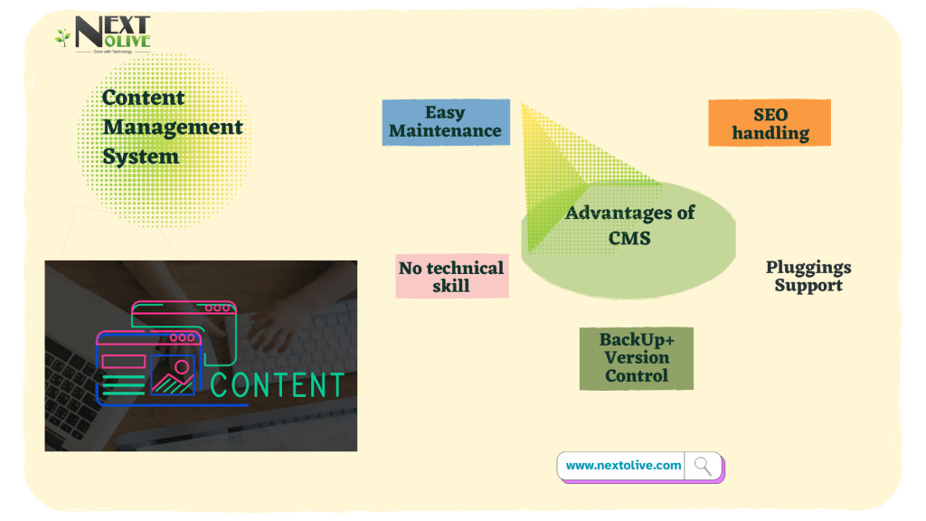 "Infographic highlighting key advantages of a Content Management System—easy maintenance, no technical skills, SEO handling, plugin support, and backup version control—featured in a comprehensive CMS development guide."