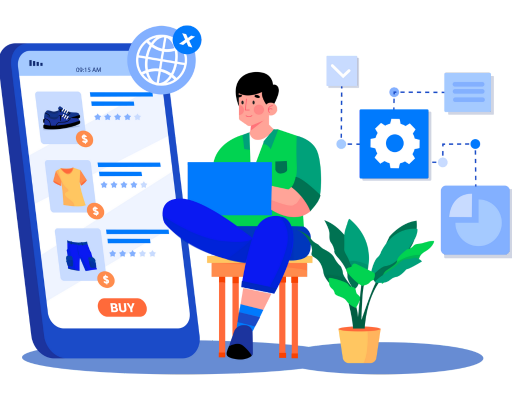 Illustration of a developer sitting with a laptop, working on iOS app development. A large smartphone screen displays a shopping app interface with product listings, ratings, and a 'Buy' button. Connected icons such as gears, charts, and checkmarks represent app features, automation, and analytics. A globe icon symbolizes global reach, and a potted plant adds a creative workspace touch.