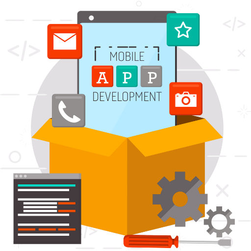 Creative illustration of mobile app development featuring a smartphone, app icons, a gear symbolizing technology, and a toolbox representing solutions, ideal for showcasing innovative app development service