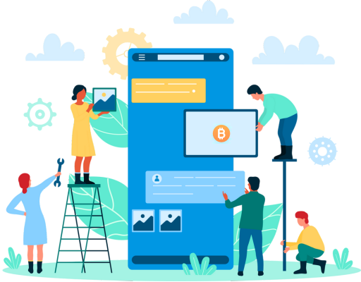 Illustration of a team collaboratively developing a mobile cryptocurrency exchange application, featuring gears, a Bitcoin icon, and a large smartphone interface, representing blockchain development services.