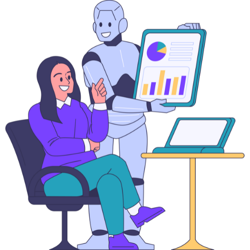 "Illustration of a robot presenting data analytics and charts to a business professional, symbolizing AI-driven solutions and custom ERP software development for optimized business performance."