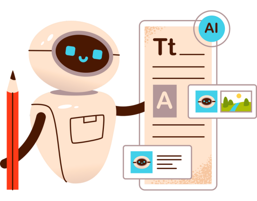 Illustration of a robot pointing to a learning board while holding a pencil, symbolizing generative AI development in education. The board features educational elements such as the letter 'Tt', a large 'A', an eye, and a landscape, showcasing how AI advances learning methods and creativity.